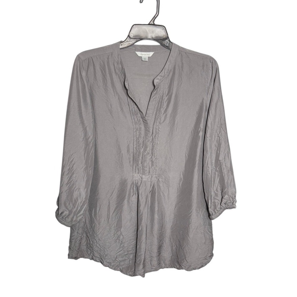 Garnet Hill 100% Silk Gray Taupe Blouse Size 8 Pleated V-Neck